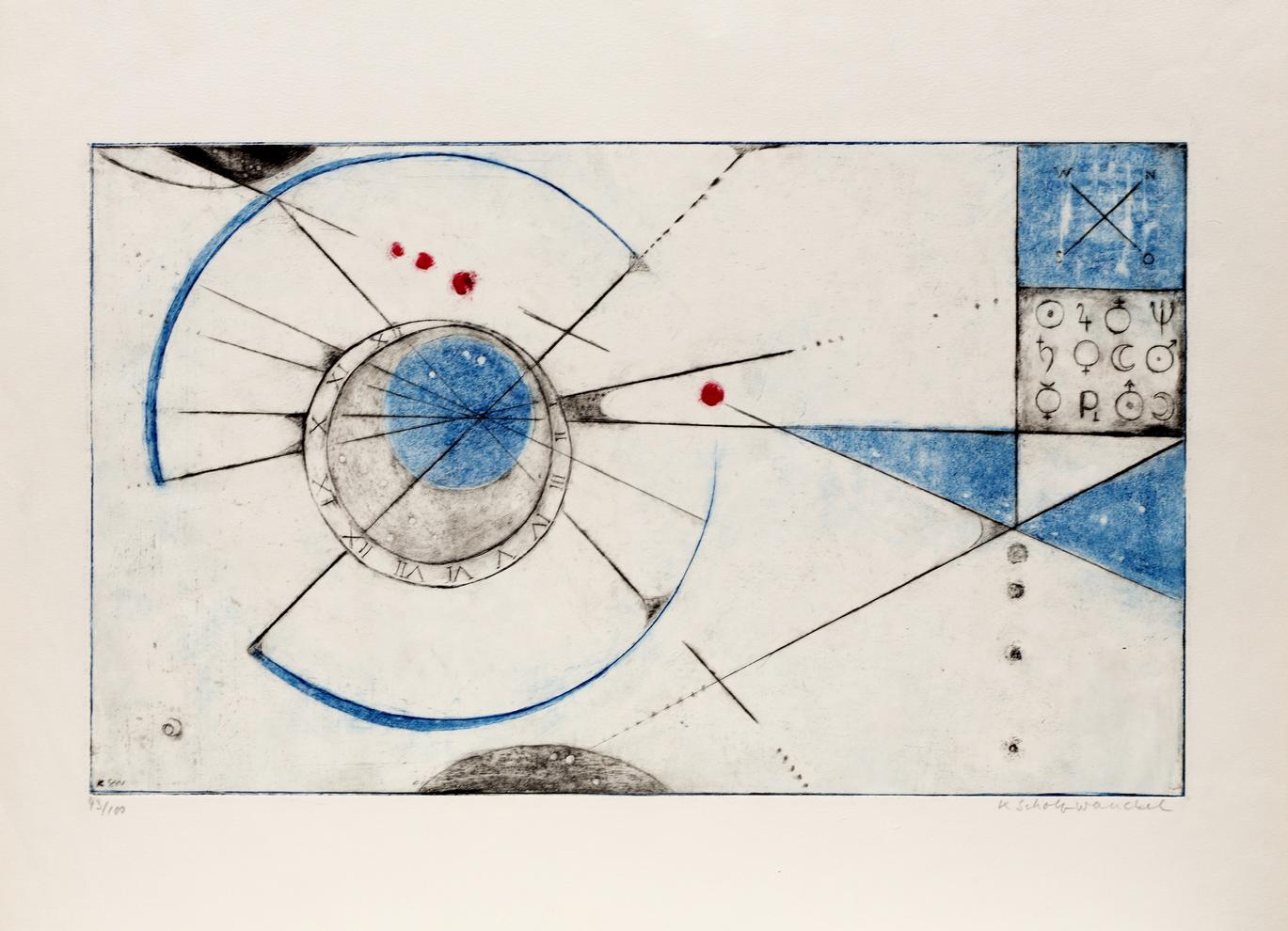 Künstlerin: Dr. Katharina Scholz-Wanckel, Titel: Astronomische Uhr, Technik: Aquatinta, Jahr: 1966, Grösse: 43x25 cm