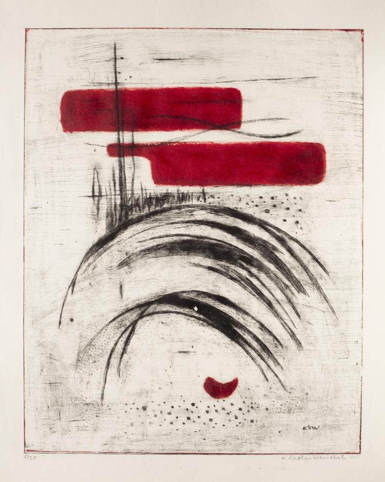 Künstlerin: Dr. Katharina Scholz-Wanckel, Titel: Bewegung unter Rot, Technik: Aquatinta, Jahr: 1962, Grösse: 40x50 cm