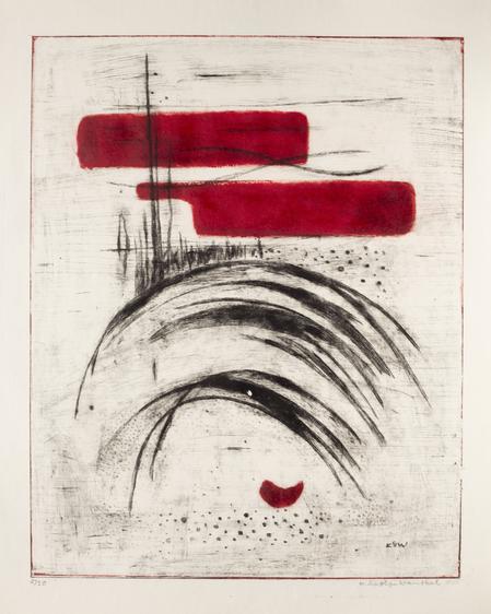 Künstlerin: Katharina Scholz-Wanckel, Titel: Bewegung unter Rot, Technik: Aquatinta, Jahr: 1962, Grösse: 40x50 cm