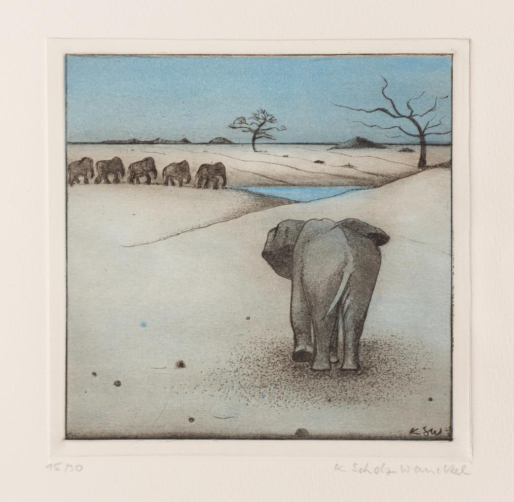 Künstlerin: Dr. Katharina Scholz-Wanckel, Titel: Elefanten Treff, Technik: Aquatinta, Jahr: 1990, Grösse: 11x11 cm