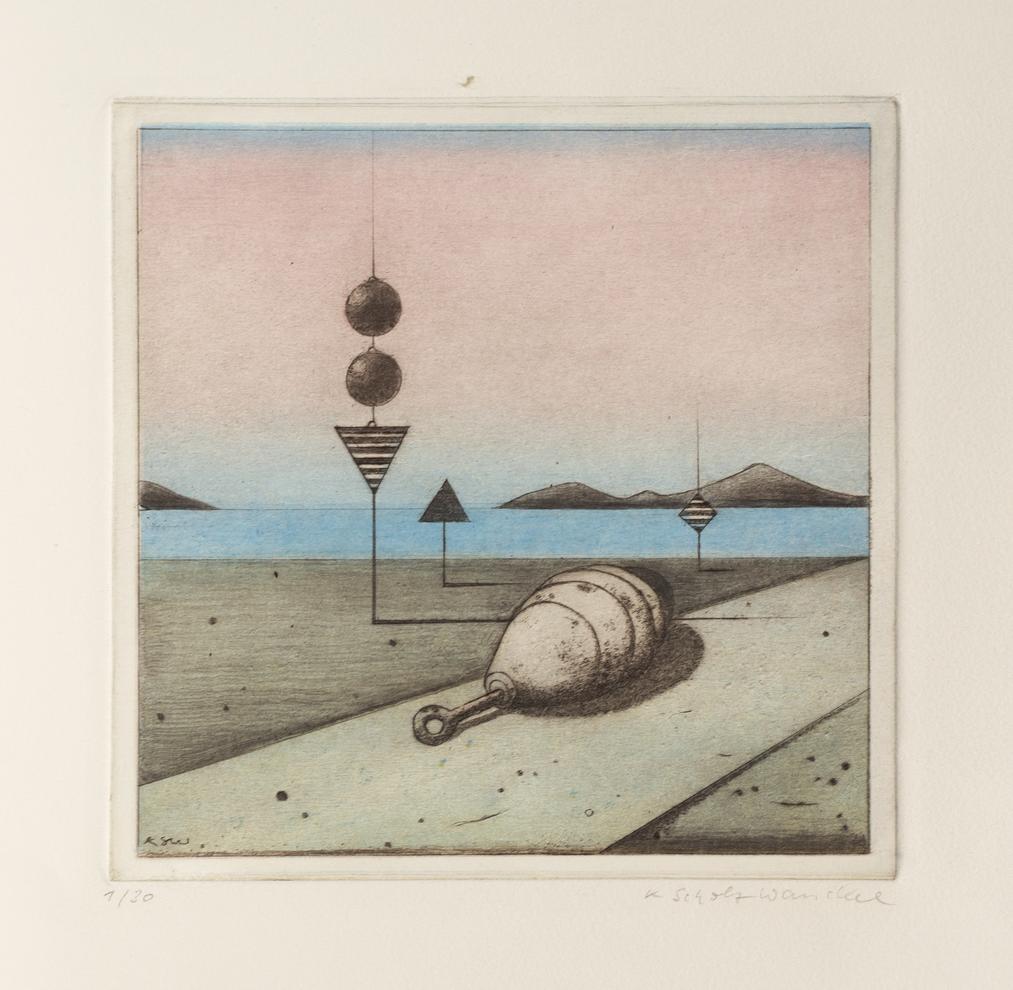 Künstlerin: Dr. Katharina Scholz-Wanckel, Titel: Seenotzeichen, Technik: Aquatinta, Jahr: 1983, Grösse: 15x15 cm