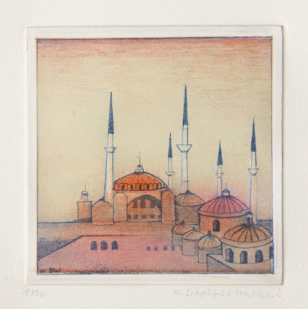 Künstlerin: Dr. Katharina Scholz-Wanckel, Titel: Rote Moschee, Technik: Aquatinta, Jahr: 1987, Grösse: 7x7cm