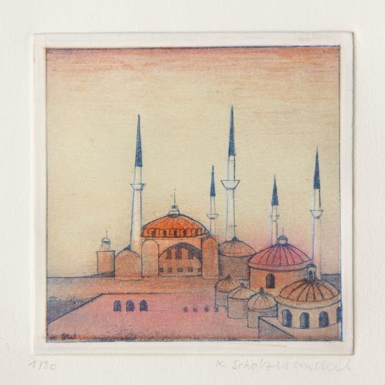 Künstlerin: Katharina Scholz-Wanckel, Titel: Rote Moschee, Technik: Aquatinta, Jahr: 1987, Grösse: 7x7cm