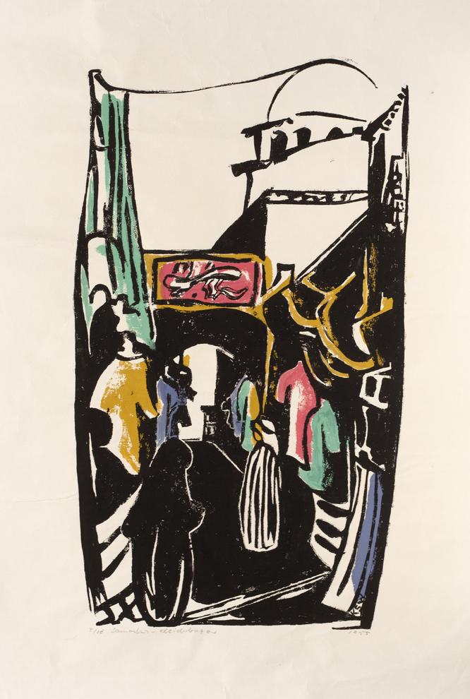 Künstlerin: Dr. Katharina Scholz-Wanckel, Titel: Damaskus - Kleiderbasar, Technik: Holzschnitt und Zinkhochdruck, Jahr: 1955, Grösse: 28x47.5 cm