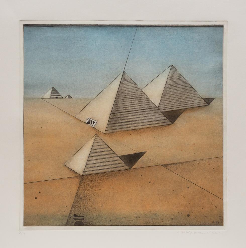 Künstlerin: Dr. Katharina Scholz-Wanckel, Titel: Pyramidenfeld, Technik: Aquatinta, Jahr: 1982, Grösse: 30x30