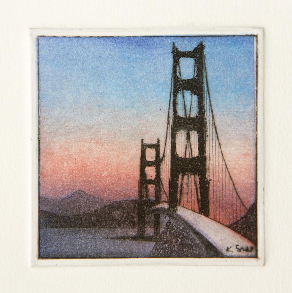 Künstlerin: Dr. Katharina Scholz-Wanckel, Titel: Golden Gate Bridge, Technik: Aquatinta, Jahr: 1984, Grösse: 6x6 cm