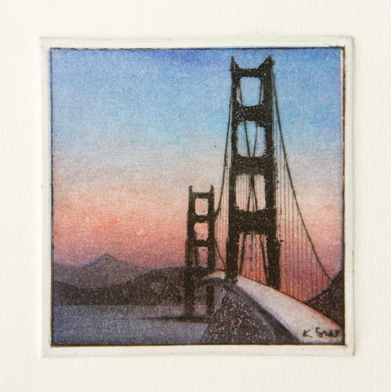 Künstlerin: Katharina Scholz-Wanckel, Titel: Golden Gate Bridge, Technik: Aquatinta, Jahr: 1984, Grösse: 6x6 cm