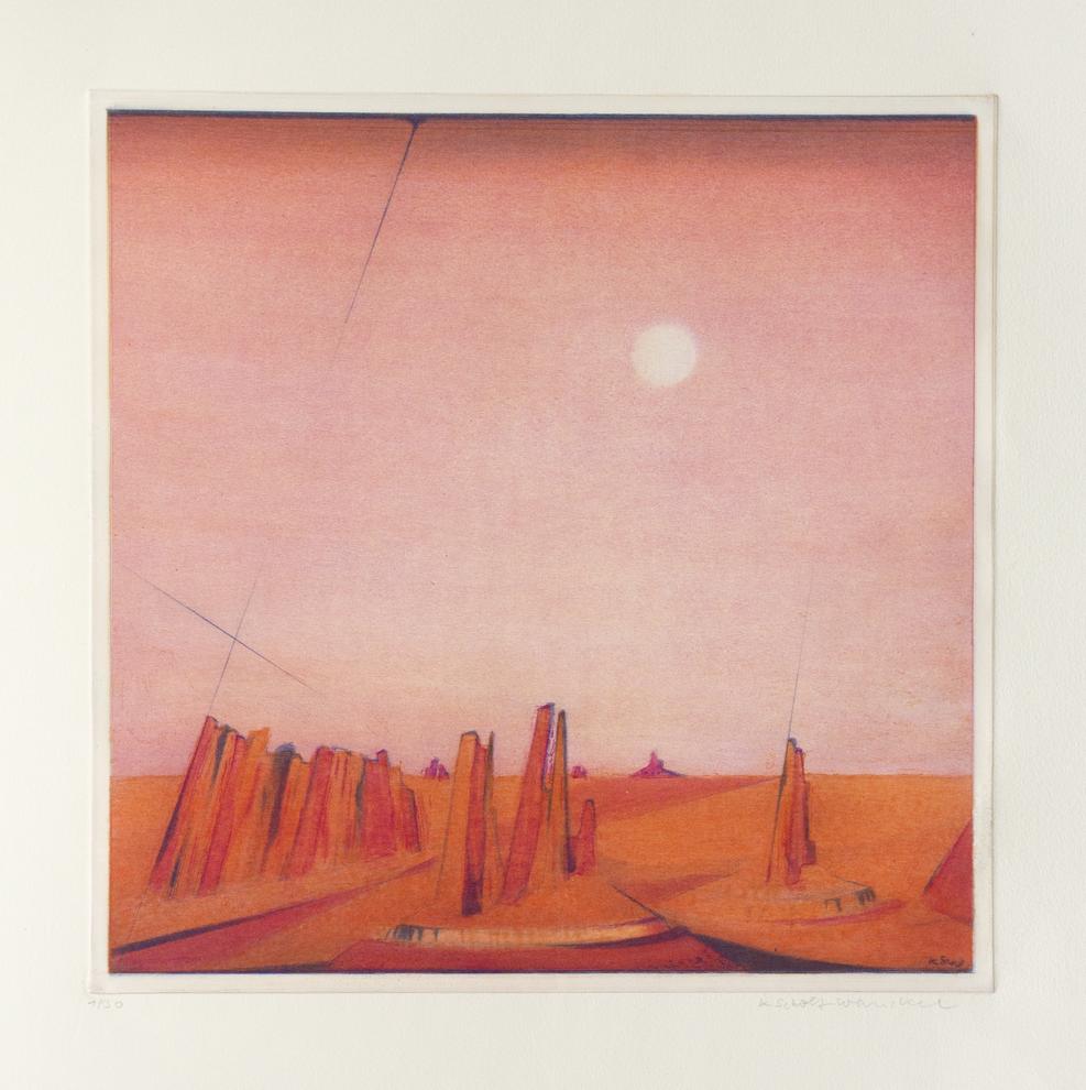 Künstlerin: Dr. Katharina Scholz-Wanckel, Titel: Arizona Landschaft, Technik: Aquatinta, Jahr: 1986, Grösse: 25x25 cm