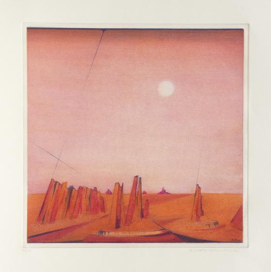 Künstlerin: Katharina Scholz-Wanckel, Titel: Arizona Landschaft, Technik: Aquatinta, Jahr: 1986, Grösse: 25x25 cm