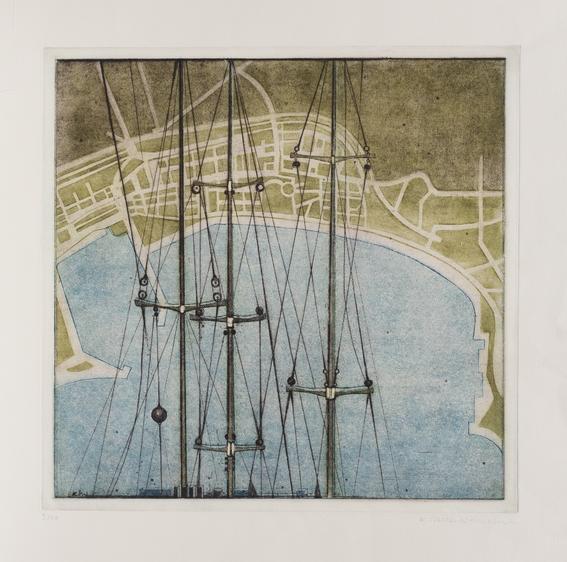 Künstlerin: Katharina Scholz-Wanckel, Titel: Port de plaisance, Technik: Aquatinta, Jahr: 1974, Grösse: 34x34 cm