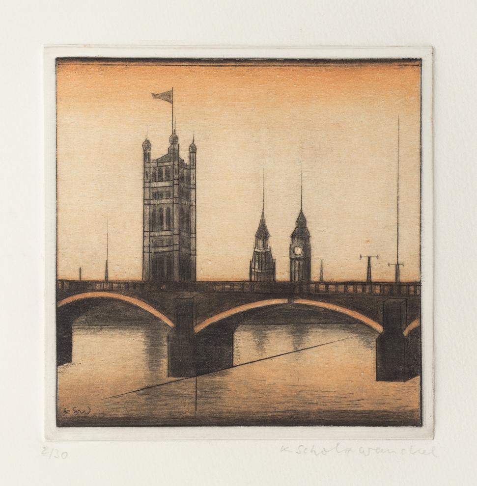 Künstlerin: Dr. Katharina Scholz-Wanckel, Titel: Lambeth Bridge, Technik: Aquatinta, Jahr: 1983, Grösse: 11x11 cm