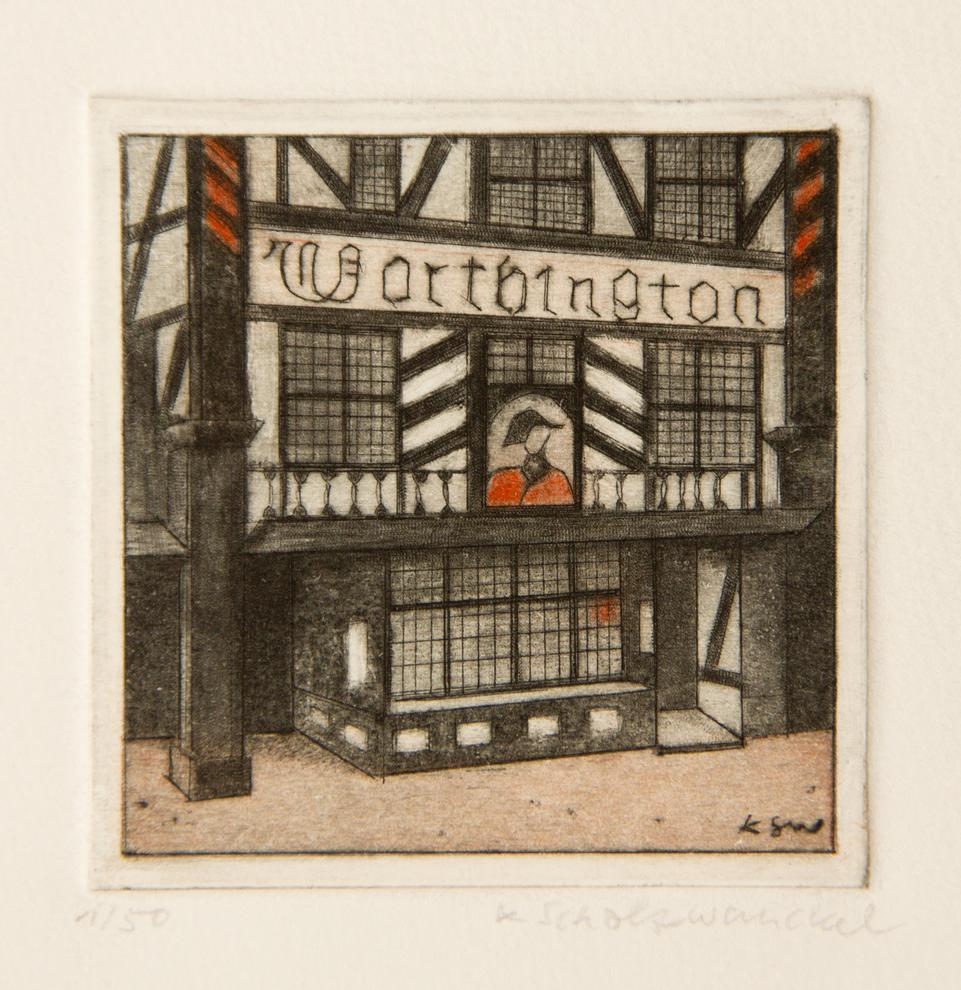 Künstlerin: Dr. Katharina Scholz-Wanckel, Titel: London Pub, Technik: Aquatinta, Jahr: 1984, Grösse: 6x6 cm