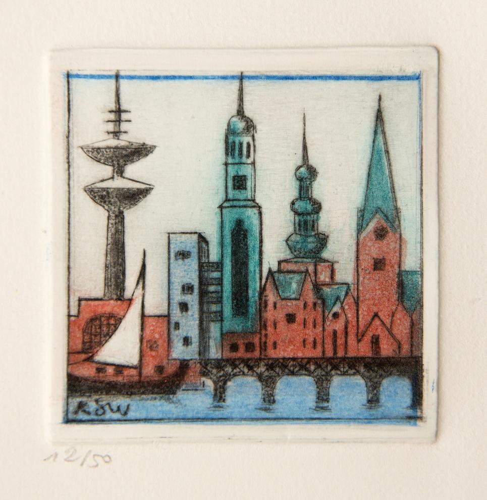 Künstlerin: Dr. Katharina Scholz-Wanckel, Titel: HH-Skyline, Technik: Aquatinta, Jahr: 1996, Grösse: 6x6 cm