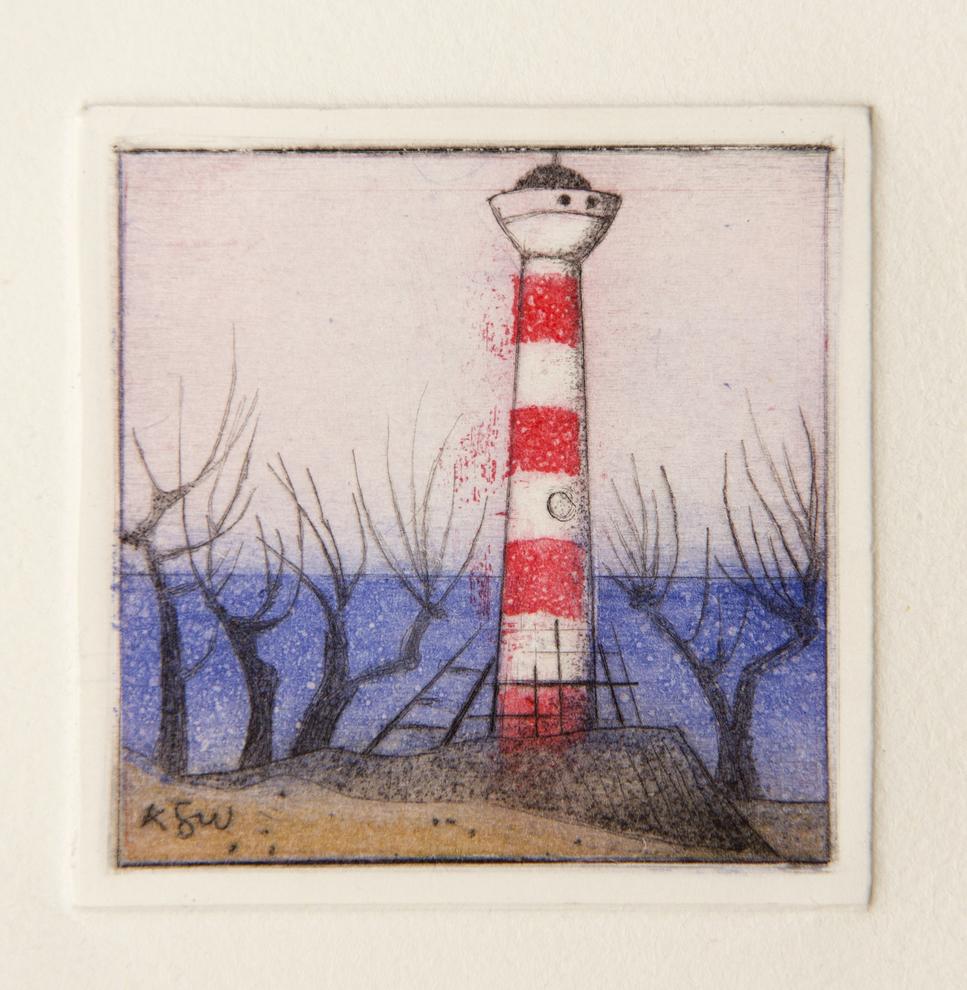 Künstlerin: Dr. Katharina Scholz-Wanckel, Titel: Leuchtturm Blankensee, Technik: Aquatinta, Jahr: 1996, Grösse: 6x6 cm