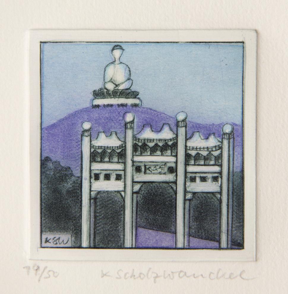 Künstlerin: Dr. Katharina Scholz-Wanckel, Titel: Kloster Polintse, Technik: Aquatinta, Jahr: 1991, Grösse: 6x6 cm