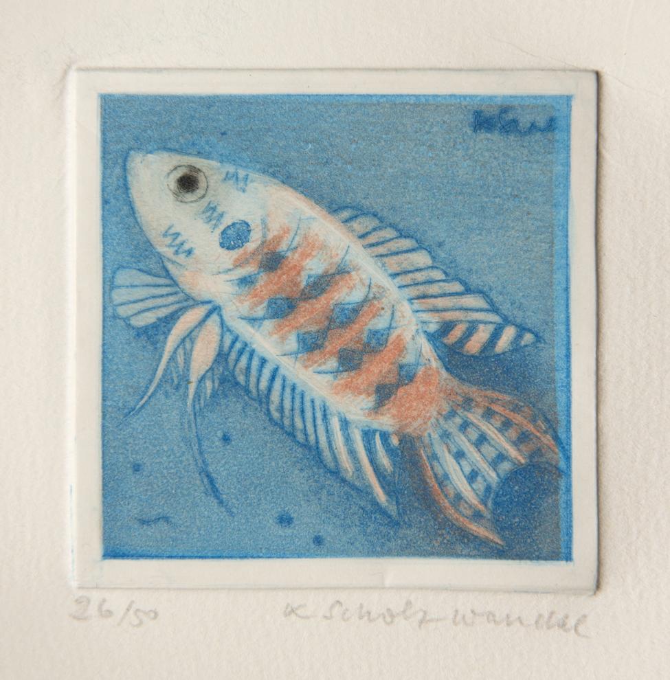 Künstlerin: Dr. Katharina Scholz-Wanckel, Titel: Paradise Fish, Technik: Aquatinta, Jahr: 1991, Grösse: 6x6 cm