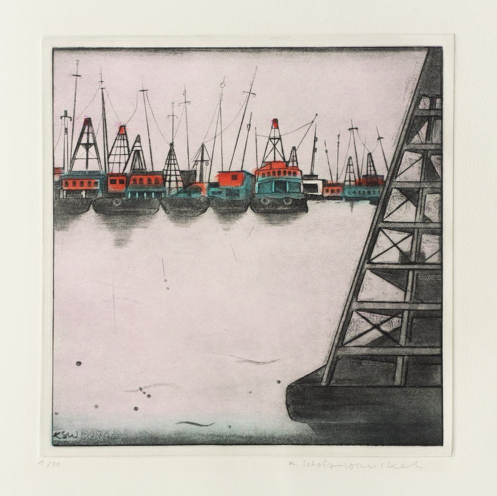 Künstlerin: Dr. Katharina Scholz-Wanckel, Titel: Taifunhafen Hongkong, Technik: Aquatinta, Jahr: 1992, Grösse: 20x20 cm