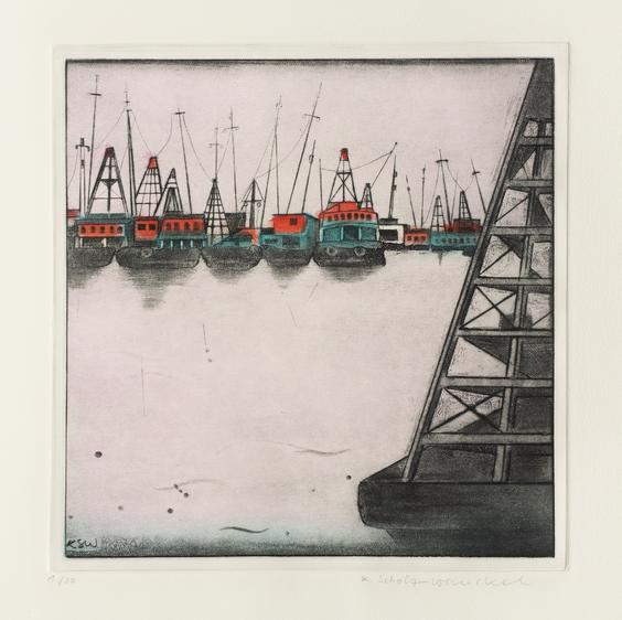 Künstlerin: Katharina Scholz-Wanckel, Titel: Taifunhafen Hongkong, Technik: Aquatinta, Jahr: 1992, Grösse: 20x20 cm