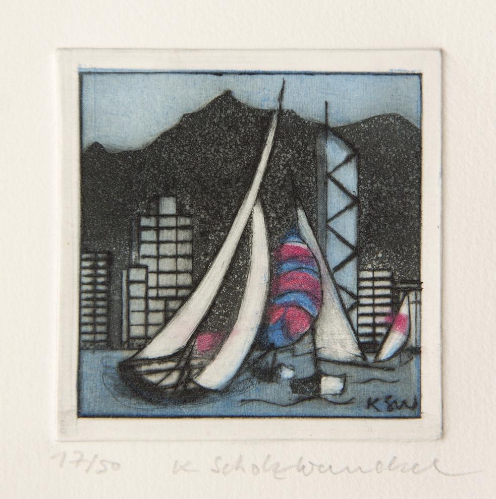 Künstlerin: Dr. Katharina Scholz-Wanckel, Titel: Yachtclub, Technik: Aquatinta, Jahr: 1991, Grösse: 6x6 cm