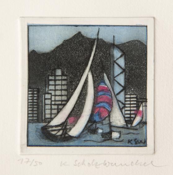 Künstlerin: Katharina Scholz-Wanckel, Titel: Yachtclub, Technik: Aquatinta, Jahr: 1991, Grösse: 6x6 cm