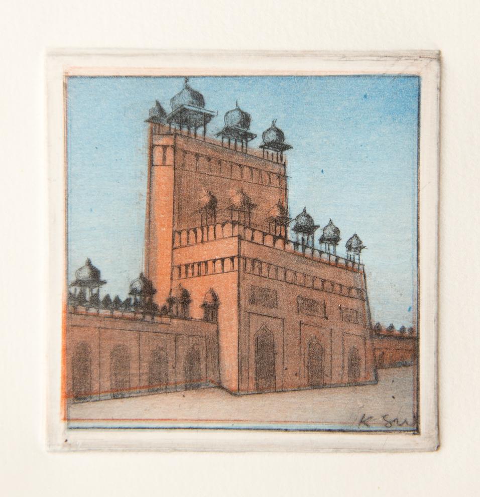 Künstlerin: Dr. Katharina Scholz-Wanckel, Titel: Fathepur Sikri, Technik: Aquatinta, Jahr: 1993, Grösse: 6x6 cm