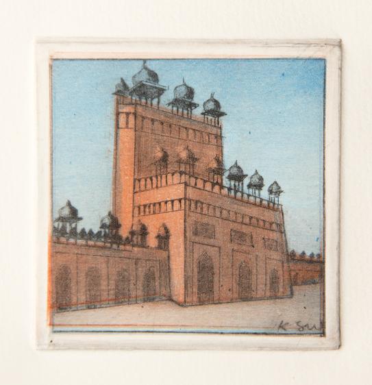 Künstlerin: Katharina Scholz-Wanckel, Titel: Fathepur Sikri, Technik: Aquatinta, Jahr: 1993, Grösse: 6x6 cm