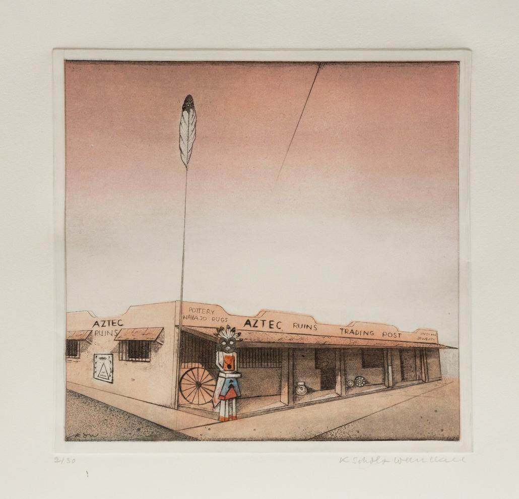 Künstlerin: Dr. Katharina Scholz-Wanckel, Titel: Indian trading Post, Technik: Aquatinta, Jahr: 1987, Grösse: 20x20 cm