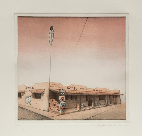 Künstlerin: Katharina Scholz-Wanckel, Titel: Indian trading Post, Technik: Aquatinta, Jahr: 1987, Grösse: 20x20 cm