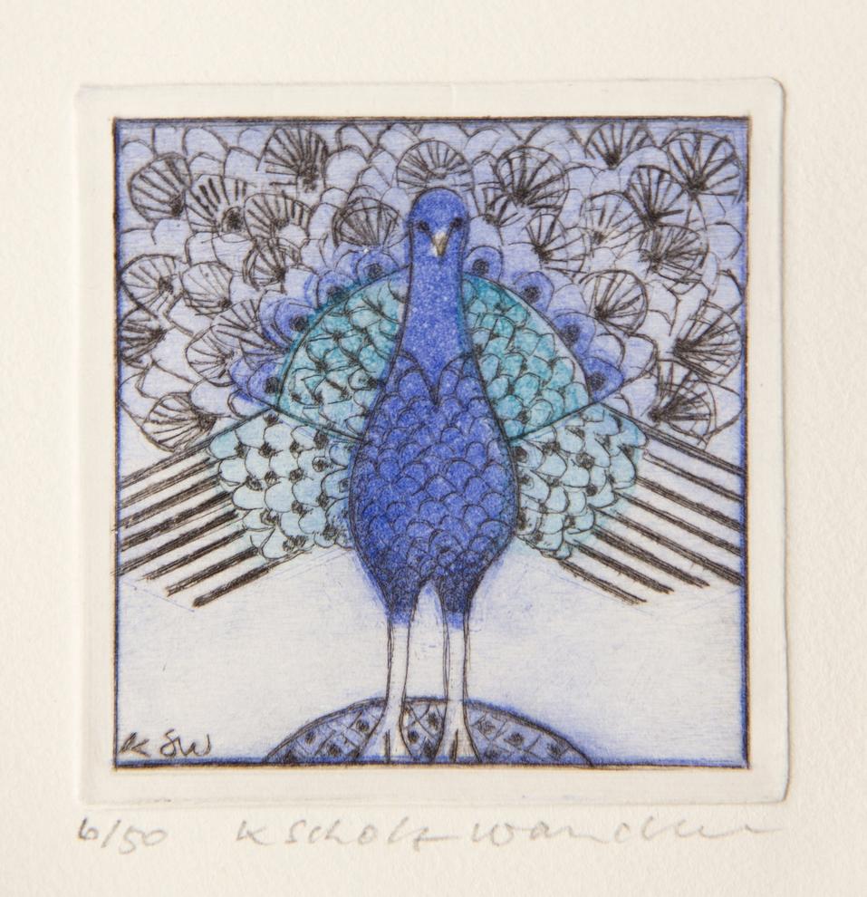 Künstlerin: Dr. Katharina Scholz-Wanckel, Titel: Pfau, Technik: Aquatinta, Jahr: 1993, Grösse: 6x6 cm