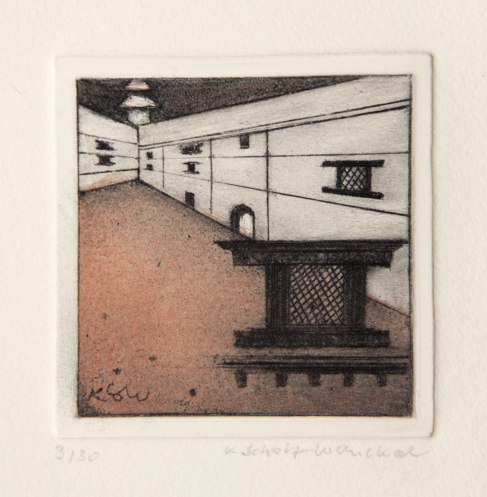 Künstlerin: Dr. Katharina Scholz-Wanckel, Titel: Fenster in Kathmandu, Technik: Aquatinta, Jahr: 1997, Grösse: 6x6 cm