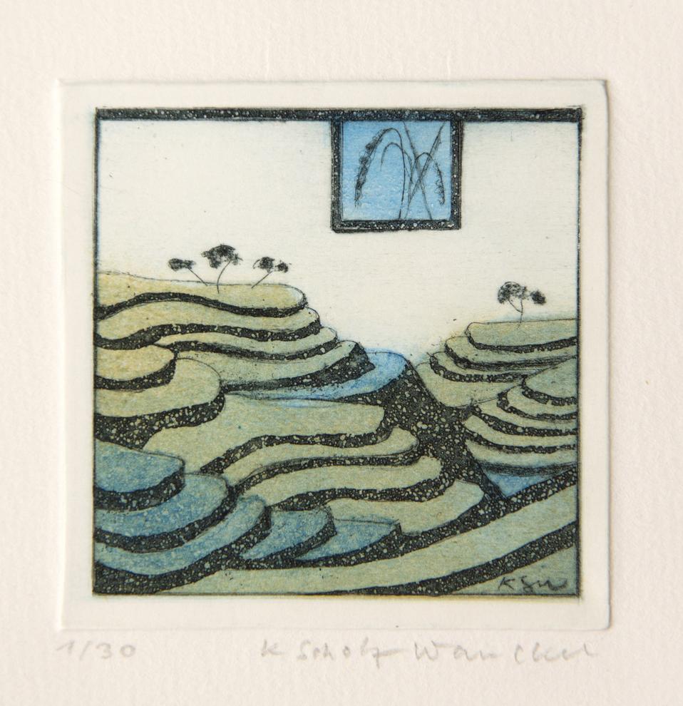 Künstlerin: Dr. Katharina Scholz-Wanckel, Titel: Reisterrassen, Technik: Aquatinta, Jahr: 1997, Grösse: 6x6 cm