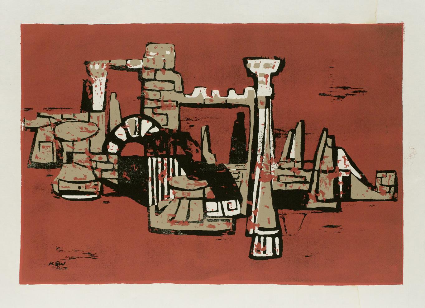 Künstlerin: Dr. Katharina Scholz-Wanckel, Titel: Pompeianische Formen, Technik: Holzschnitt und Zinkhochdruck, Jahr: 1957, Grösse: 24x29cm