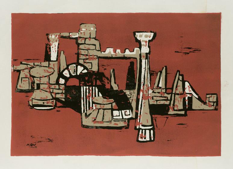 Künstlerin: Katharina Scholz-Wanckel, Titel: Pompeianische Formen, Technik: Holzschnitt und Zinkhochdruck, Jahr: 1957, Grösse: 24x29cm