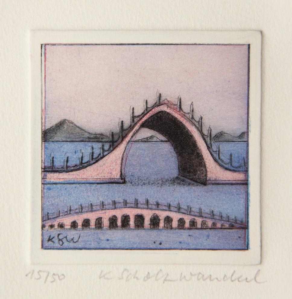 Künstlerin: Dr. Katharina Scholz-Wanckel, Titel: Chinesische Brücken, Technik: Aquatinta, Jahr: 1996, Grösse: 6x6 cm