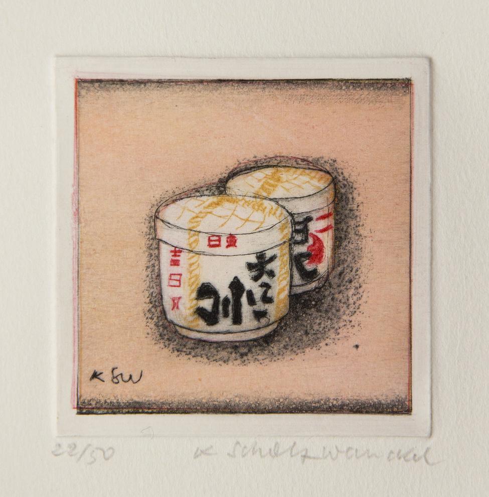 Künstlerin: Dr. Katharina Scholz-Wanckel, Titel: Japanischer Sake, Technik: Aquatinta, Jahr: 1996, Grösse: 6x6 cm