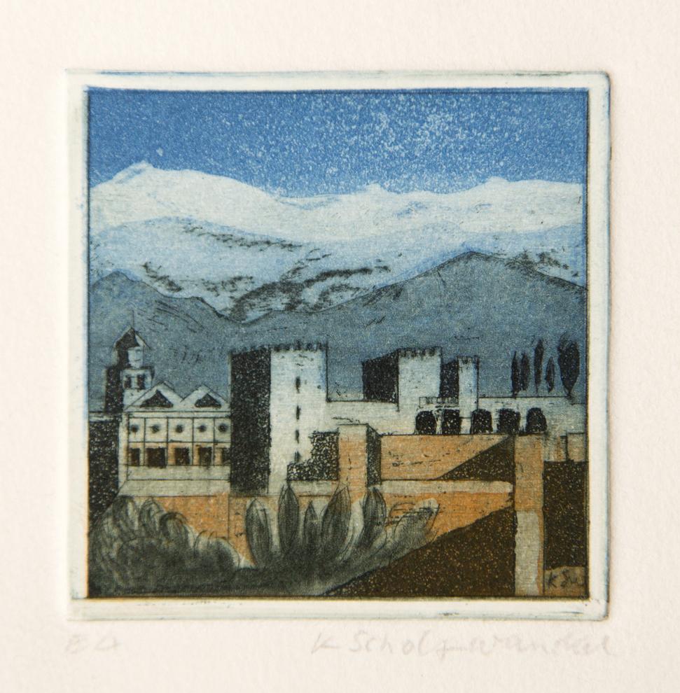 Künstlerin: Dr. Katharina Scholz-Wanckel, Titel: Près Granada, Technik: Aquatinta, Jahr: 1984, Grösse: 6x6 cm