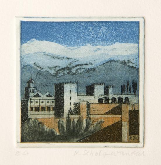 Künstlerin: Katharina Scholz-Wanckel, Titel: Près Granada, Technik: Aquatinta, Jahr: 1984, Grösse: 6x6 cm