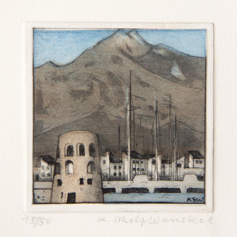 Künstlerin: Dr. Katharina Scholz-Wanckel, Titel: Puerto Banus, Technik: Aquatinta, Jahr: 1984, Grösse: 6x6 cm