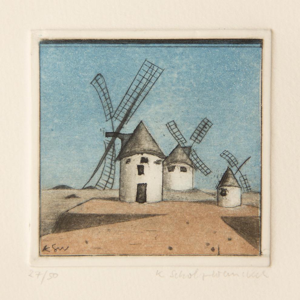 Künstlerin: Dr. Katharina Scholz-Wanckel, Titel: Windmühlen, Technik: Aquatinta, Jahr: 1984, Grösse: 6x6 cm