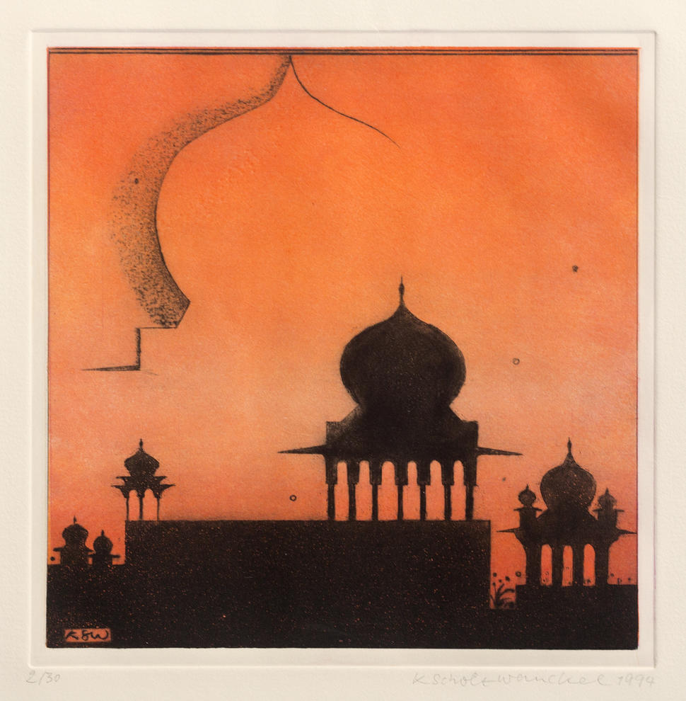 Künstlerin: Dr. Katharina Scholz-Wanckel, Titel: Indische Architektur Landschaft, Technik: Aquatinta, Jahr: 1994, Grösse: 20x20 cm