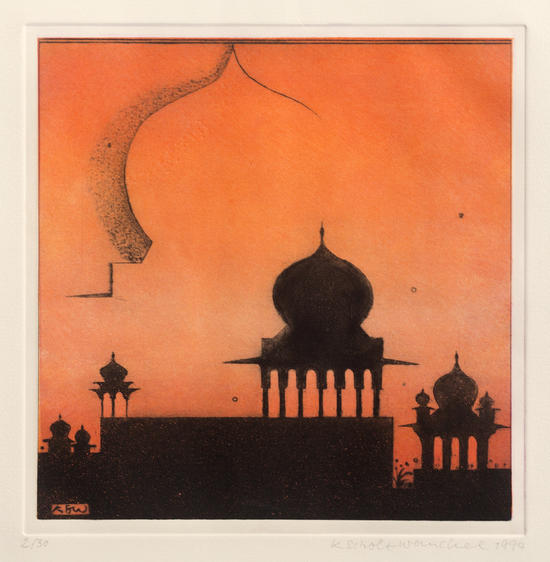 Künstlerin: Katharina Scholz-Wanckel, Titel: Indische Architektur Landschaft, Technik: Aquatinta, Jahr: 1994, Grösse: 20x20 cm